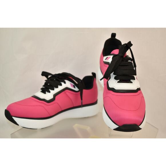 NIB PRADA 3E6321 WOMEN PINK NYLON LACE UP LOGO LOW TOP PLATFORM SNEAKERS 40 - Picture 5 of 12